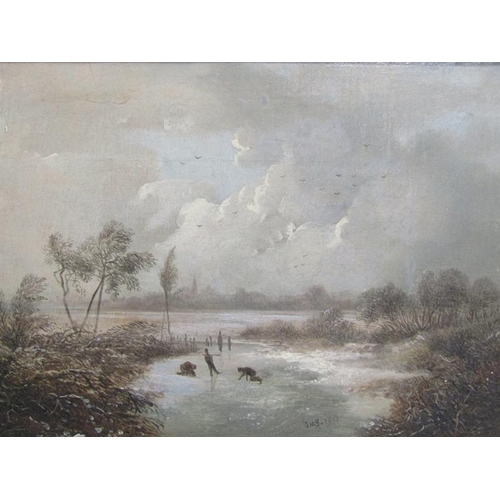 277 - JMS 1839 - English winter scene with skaters on frozen water, signed in mono, oil on canvas, framed,... 