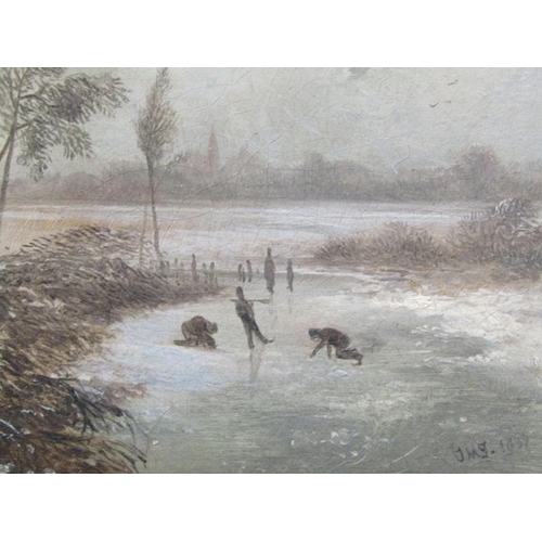 277 - JMS 1839 - English winter scene with skaters on frozen water, signed in mono, oil on canvas, framed,... 