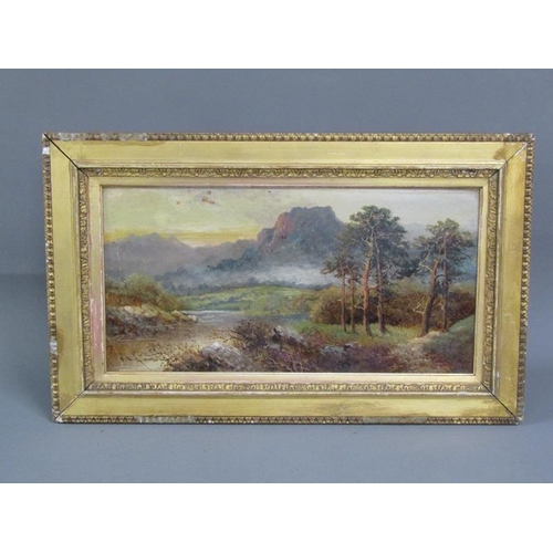 284 - FE Jamieson - a pair, Scottish Highland lochs, signed, oil on board, framed, each 25cm x 49cm.