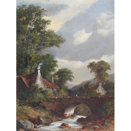 285 - W Clements - figures on a stone bridge over a fast flowing rocky river with cottage in distant hills... 