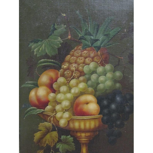 286 - E Steele - A still life, comport of fruit, signed, oil on canvas, framed, 60cm x 30cm.