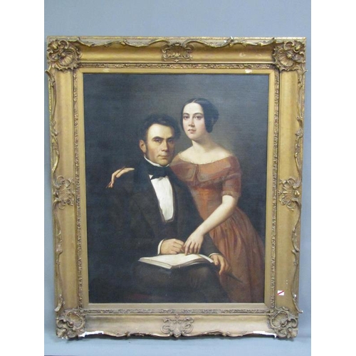 293 - Unsigned 19c - Portrait of a lady and gentleman, he holding a a book, oil on canvas, framed, 115cm X... 