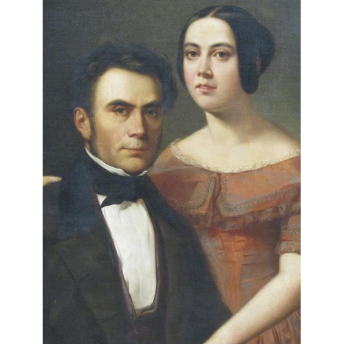 293 - Unsigned 19c - Portrait of a lady and gentleman, he holding a a book, oil on canvas, framed, 115cm X... 