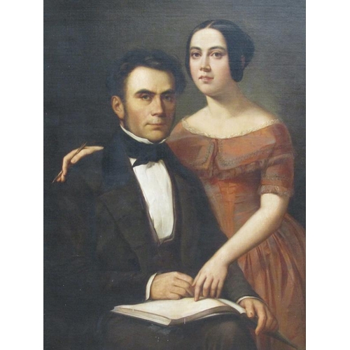 293 - Unsigned 19c - Portrait of a lady and gentleman, he holding a a book, oil on canvas, framed, 115cm X... 