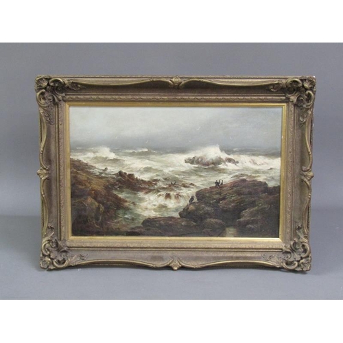 294 - Unsigned 19c - A stormy rocky coastal scene with birds perched on the rocks, oil on canvas on board,... 