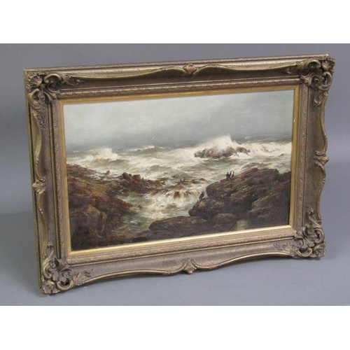 294 - Unsigned 19c - A stormy rocky coastal scene with birds perched on the rocks, oil on canvas on board,... 