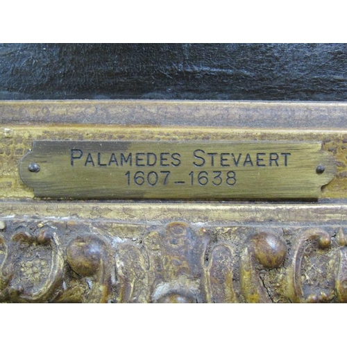 298 - Palamedes Palamedesz - Skirmish at a river crossing, brass plaque on frame 'Palamedes Stevaent 1607/... 