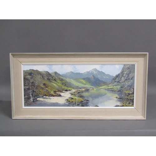 302 - Charles Wyatt Warren - A lake in a Snowdonian setting, signed, oil on board, framed, 29cm x 74cm.