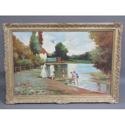 303 - Signed indistinctly 20c - Four children and a lady fishing with nets, signed, oil on canvas, framed,... 