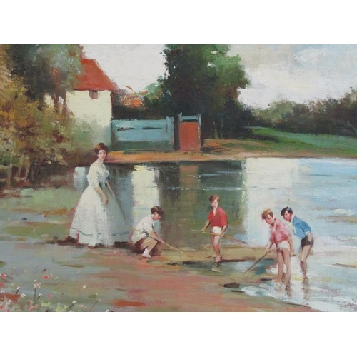 303 - Signed indistinctly 20c - Four children and a lady fishing with nets, signed, oil on canvas, framed,... 