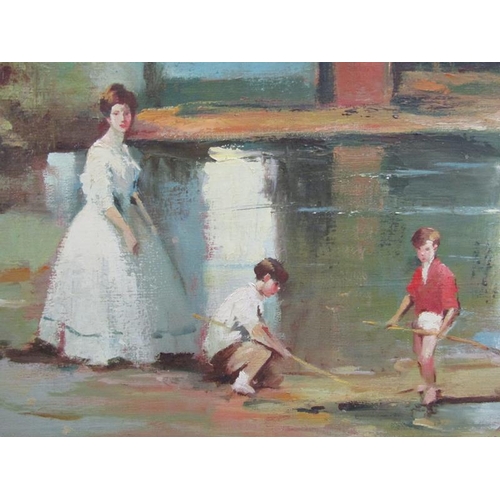 303 - Signed indistinctly 20c - Four children and a lady fishing with nets, signed, oil on canvas, framed,... 