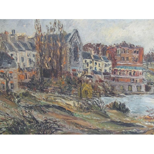 308 - George Hann - A coastal town with quayside and church, signed, oil on board, framed, 51cm x 67cm.