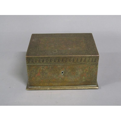 35 - A 19c Indian Benares ware brass box with hinged cover, 16cm w, 9cm h.