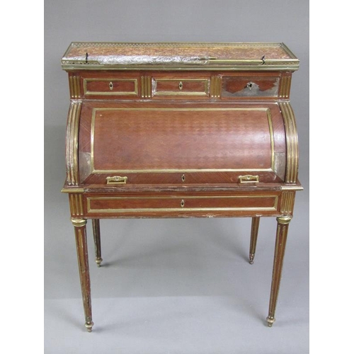 311 - A 19c French walnut and mahogany cylinder top desk, fitted compartments with pull out writing slope,... 