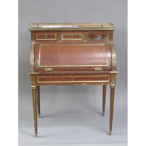 311 - A 19c French walnut and mahogany cylinder top desk, fitted compartments with pull out writing slope,... 