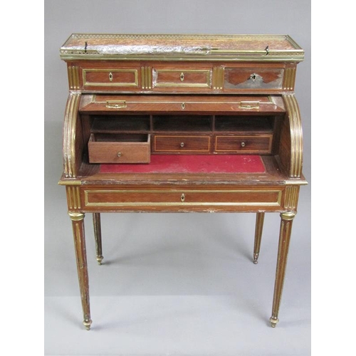 311 - A 19c French walnut and mahogany cylinder top desk, fitted compartments with pull out writing slope,... 