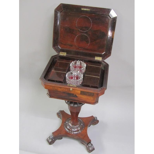 348 - A mid Victorian rosewood teapoy fitted four caddy's with hinge covers and two mixing bowls, supporte... 