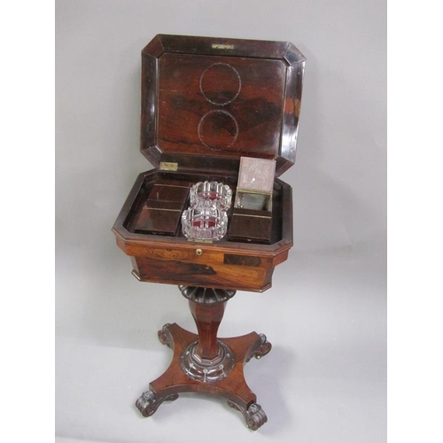 348 - A mid Victorian rosewood teapoy fitted four caddy's with hinge covers and two mixing bowls, supporte... 