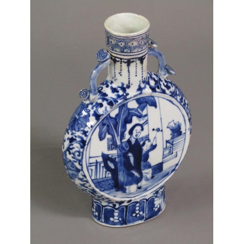 218 - A Chinese blue and white pilgrim flask, painted with panels of a mother and child in a garden settin... 