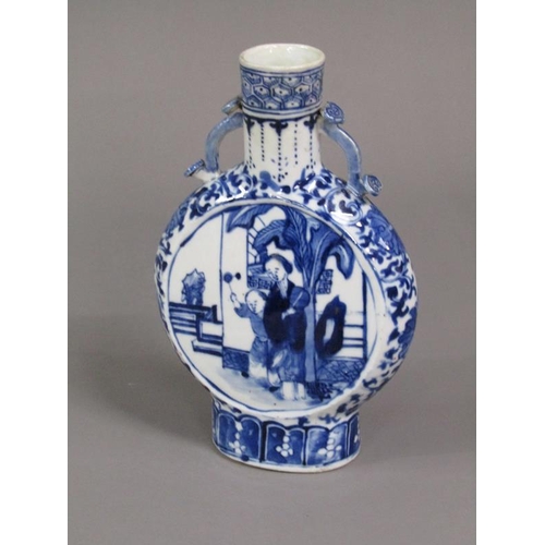 218 - A Chinese blue and white pilgrim flask, painted with panels of a mother and child in a garden settin... 