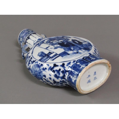 218 - A Chinese blue and white pilgrim flask, painted with panels of a mother and child in a garden settin... 