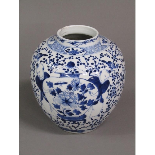 219 - A Chinese blue and white vase painted with two figures manoeuvring a large urn amongst birds and ber... 