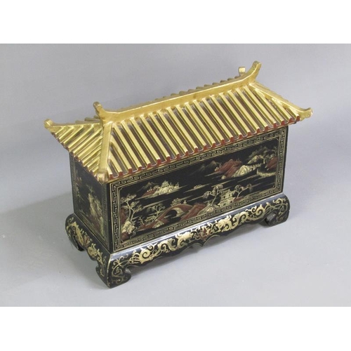 351 - A late 19c Oriental pagoda style box and cover, the panels with chinoiserie decoration, 69cm w, 52cm... 