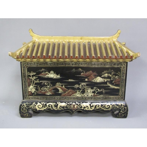 351 - A late 19c Oriental pagoda style box and cover, the panels with chinoiserie decoration, 69cm w, 52cm... 