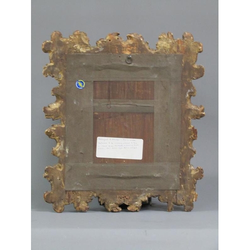 357 - A late 18c gilded wall mirror, the moulded frame of leaf and cone design, with later plate, 39.5cm x... 