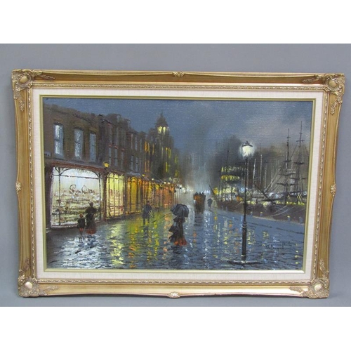 289 - John Bampfield - A late 19c night time quayside scene, signed oil on canvas, framed, 50cm x 75cm.