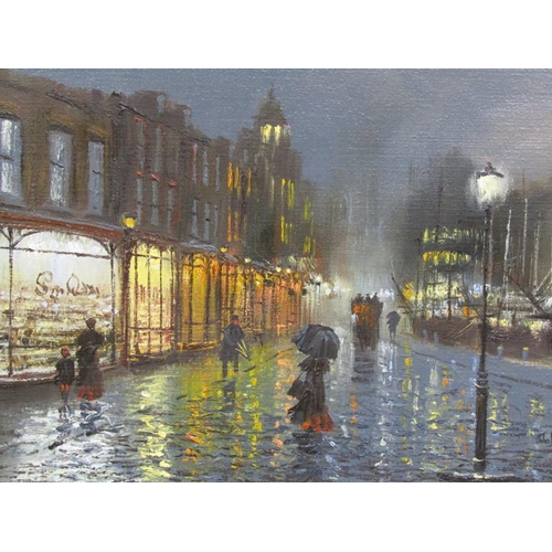 289 - John Bampfield - A late 19c night time quayside scene, signed oil on canvas, framed, 50cm x 75cm.