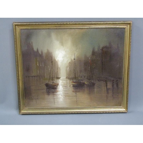 290 - John Bampfield - A quiet early morning harbour scene, signed oil on canvas, framed, 60cm x 75cm.