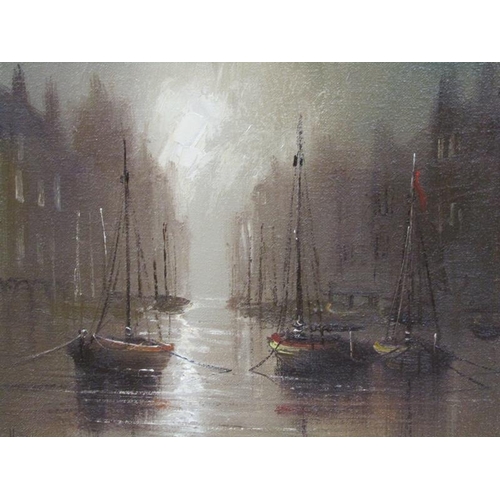 290 - John Bampfield - A quiet early morning harbour scene, signed oil on canvas, framed, 60cm x 75cm.