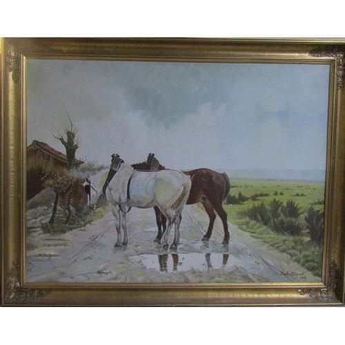 292 - Sein Blegrad 1945 (Hungarian School) - Horses in landscape, signed, oil on canvas, framed, 89cm x 12... 