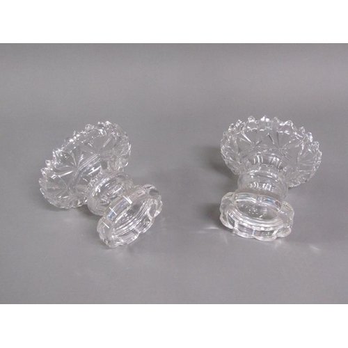 210 - A pair of 19c crystal pineapple stands with petal shaped bases, crowned rims, each 13.5cm h.