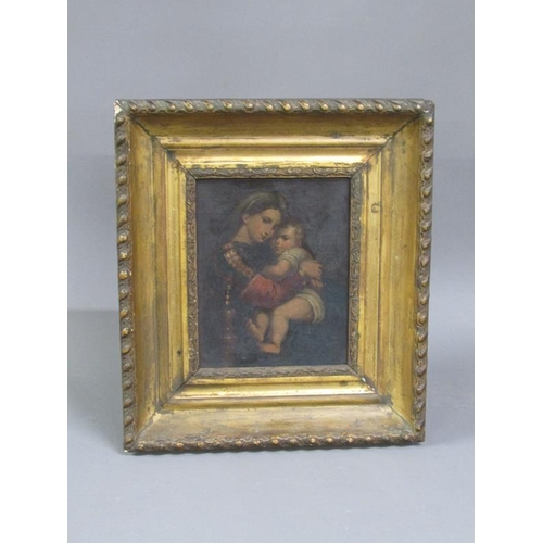 281 - Unsigned 19c, after Raphael - Madonna della Sedia, oil on canvas, framed, 20cm x 16cm.