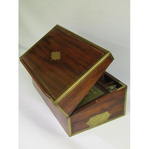 40 - An early 19c mahogany writing box, brass rail inlaid with brass edges and cut motif to the cover, gr... 