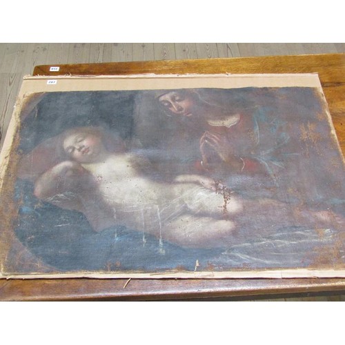 287 - A late 17c/early 18c Italian - Madonna and child, oil on canvas, unsigned, unframed, 69cm x 99cm. (I... 