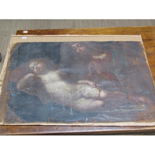 287 - A late 17c/early 18c Italian - Madonna and child, oil on canvas, unsigned, unframed, 69cm x 99cm. (I... 