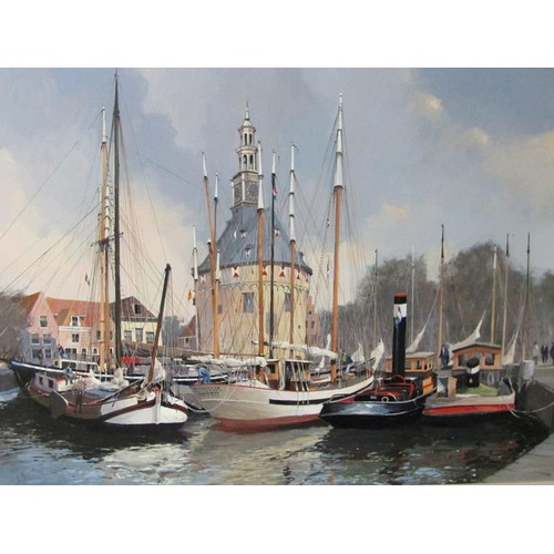 307 - Jeremy Barlow - The harbour at Hoorn, Holland, signed, oil on board, framed, 88cm x 128cm.