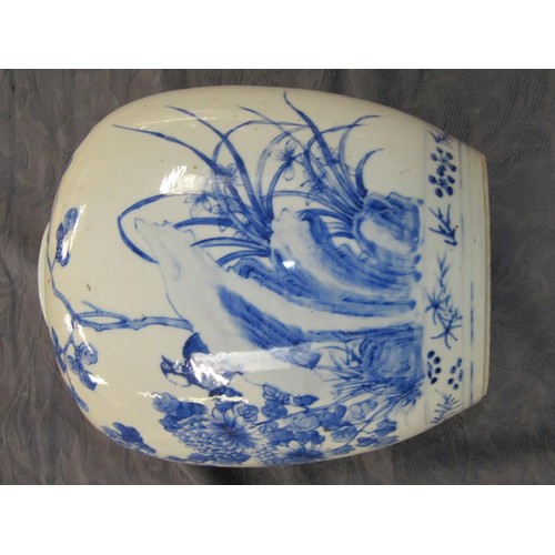 221 - A Chinese blue and white jar painted with birds perched on rocks amongst flowers and blossom, four c... 