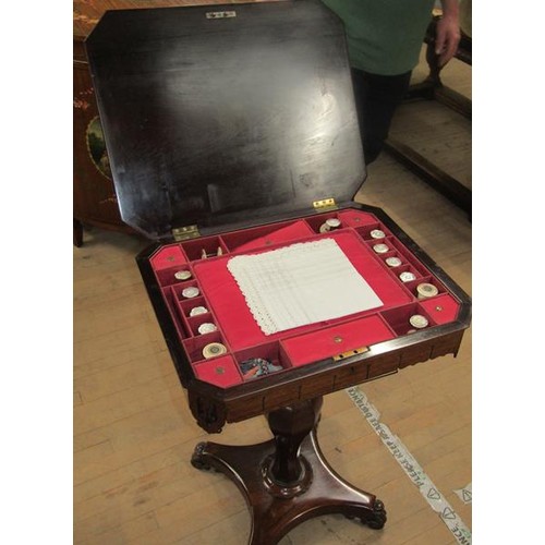 339 - A mid Victorian rosewood pedestal needlework box, the box of rectangular form with moulded edge and ... 