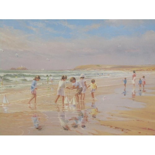 1010 - F/G COLOURED LITHOGRAPH BY DYER, 1950/60 CHILDREN PLAYING ON A BEACH, 45CM X 60CM