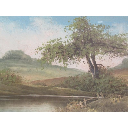 1026 - UNSIGNED - POND IN A RURAL LANDSCAPE, WATERCOLOUR F/G, 15CM X 35CM