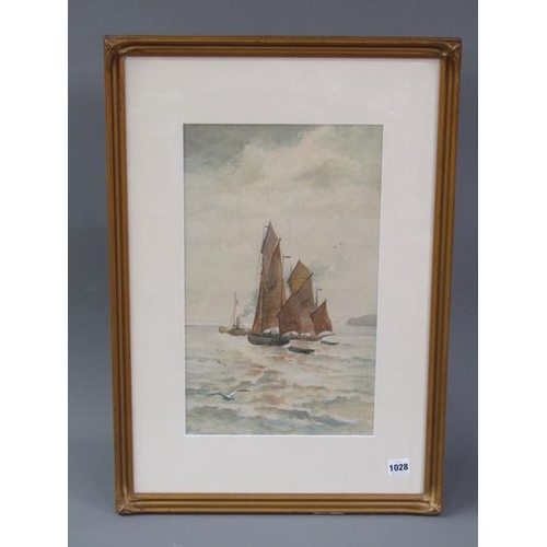 1028 - MONO SS - TWO SAILING BOATS UNDER TOW BY A PADDLE STEAMER, F/G WATERCOLOUR, 44CM X 26CM