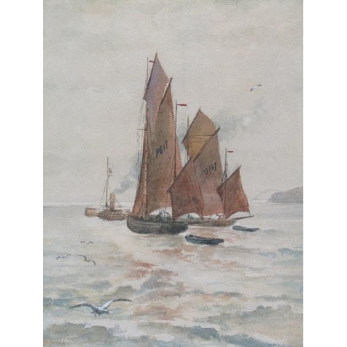 1028 - MONO SS - TWO SAILING BOATS UNDER TOW BY A PADDLE STEAMER, F/G WATERCOLOUR, 44CM X 26CM