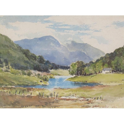 1029 - E GRIEG HALL - MOUNTAINOUS VALLEY SETTING, SIGNED, WATERCOLOUR, F/G, 26CM X 36CM