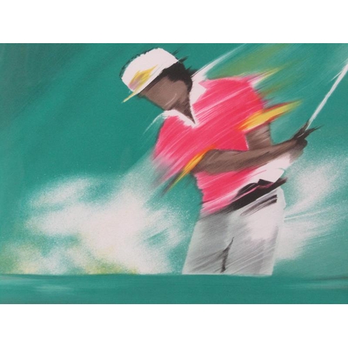 1031 - SIGNED COLOURED PRINT OF GOLFER, F/G, 28CM X 34CM