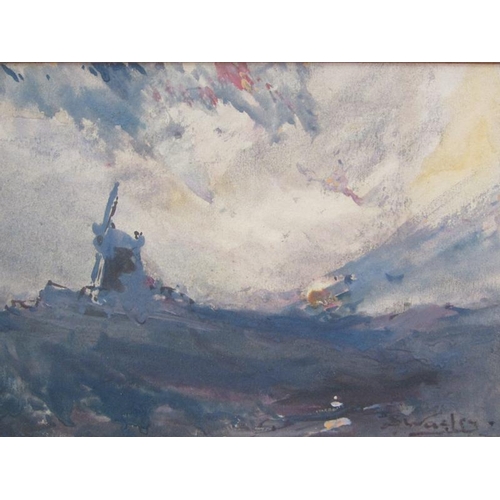 1038 - SIGNED INDISTINCTLY - WINDMILL AND APPROACHING STORM, WATERCOLOUR FRAMED, 15CM X 23CM