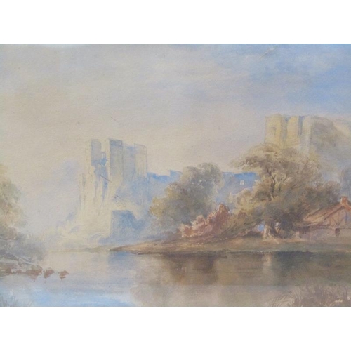 1041 - UNSIGNED 19C - EUROPEAN CASTLE IN RIVER SETTING, WATERCOLOUR, F/G, 22CM X 34CM